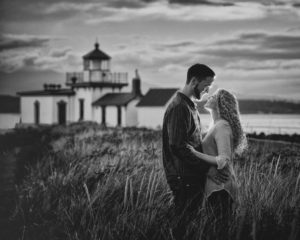 Engagement photo at lighthouse in Seattle