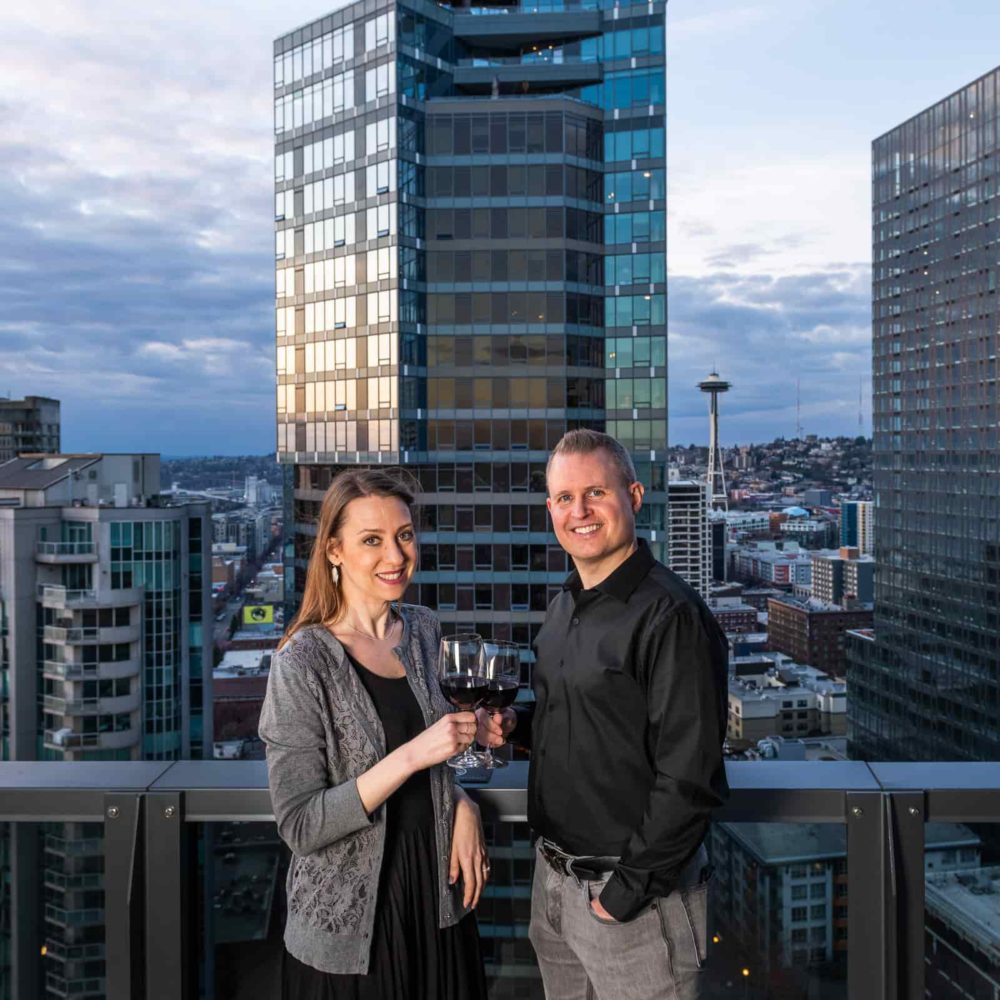 Seattle couple downtown with wine