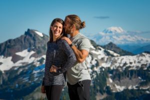 Mount Rainier engagement photo taken from a trail
