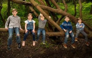 four boys and one girl sit on a tree at a park