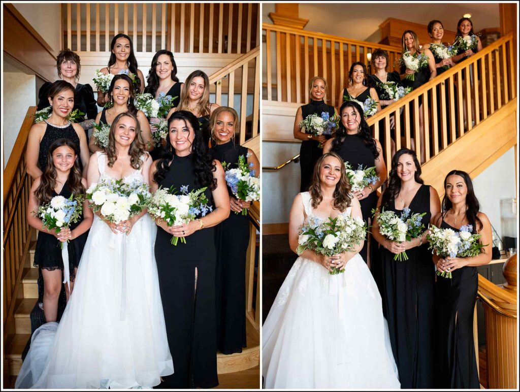 bridesmaids on the stairs inside semiahmoo resort lobby