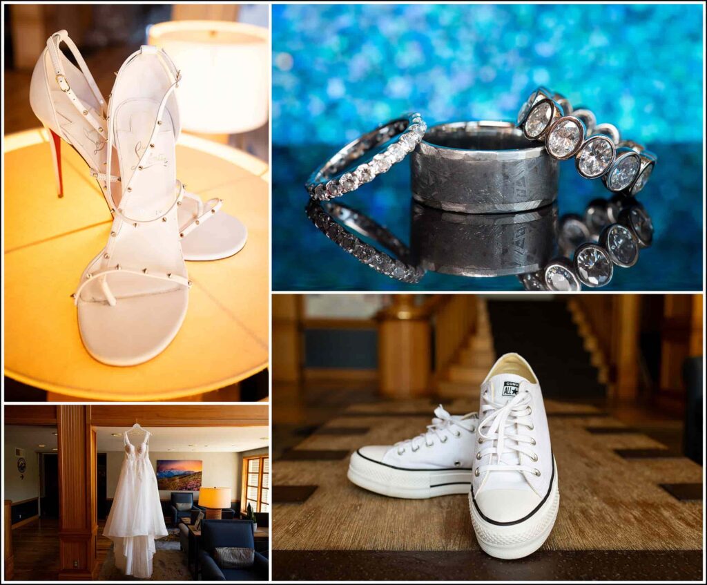 Bride's detail photos of shoes, rings and dress