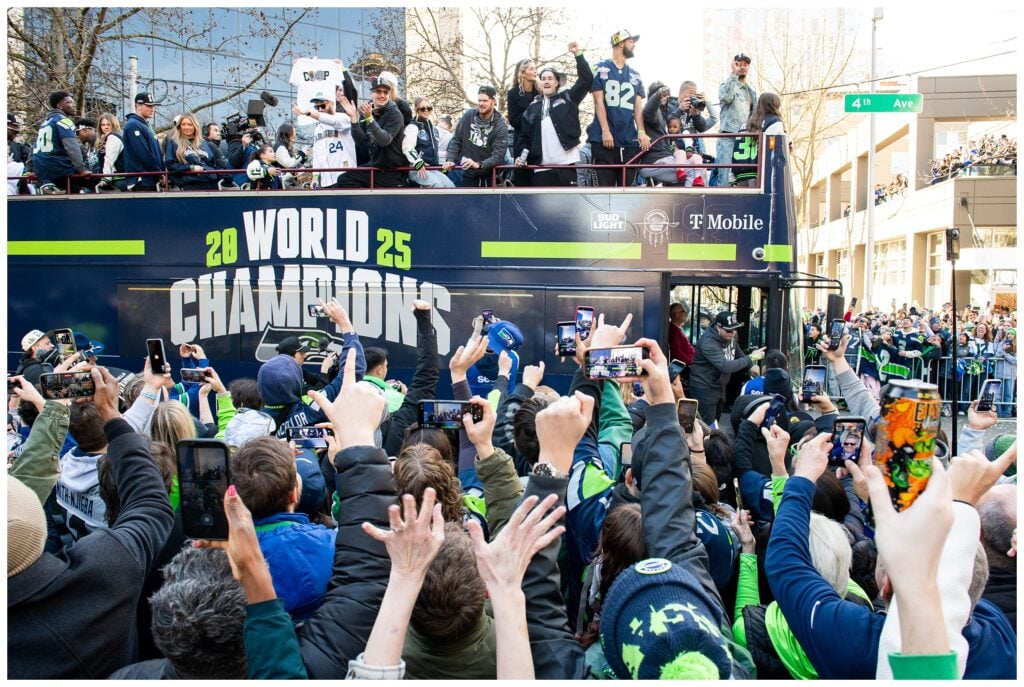 Seahawks Bus in Super Bowl Parade with Sam Darnold on top