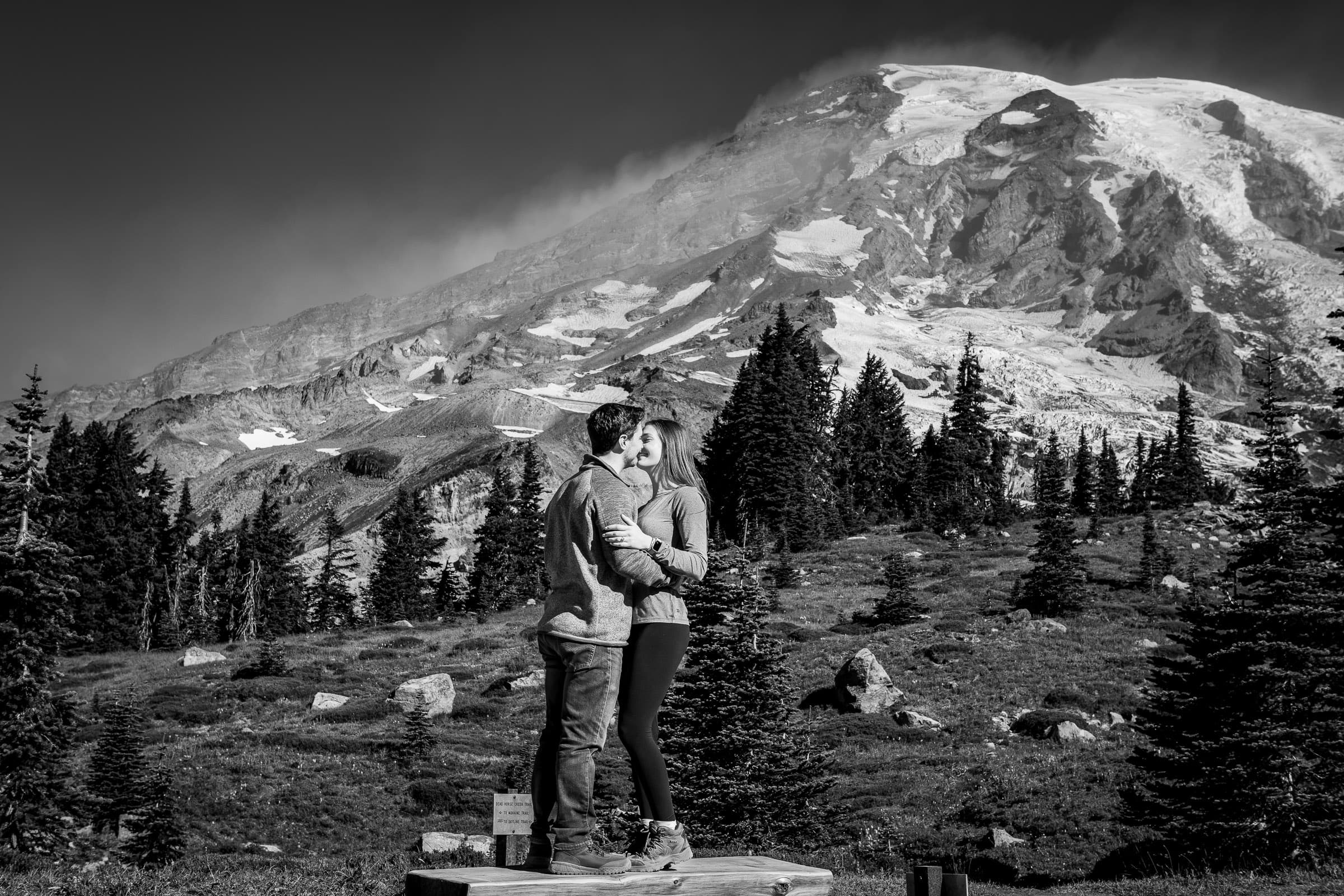 Engaged couple with Mt. Rainier in the background
