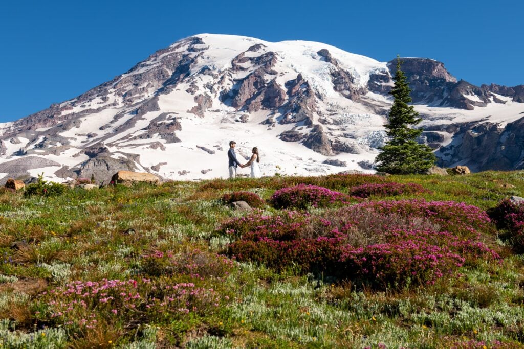 Couple holding hands in front of mount rainier